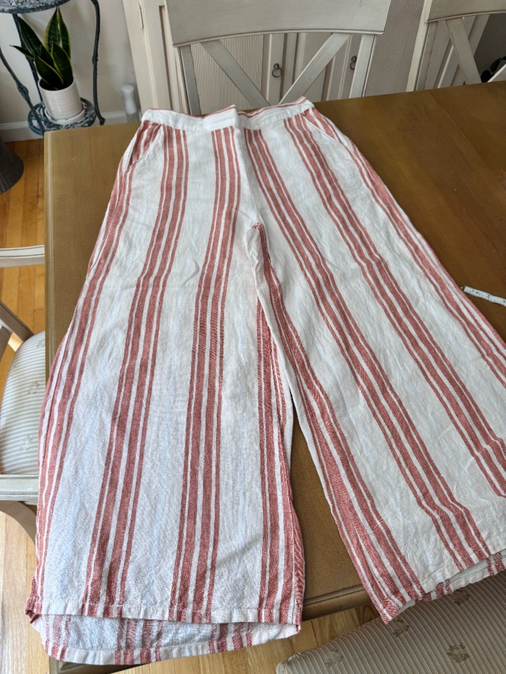 Christian Siriano Striped Linen Blend Wide Leg Pants Coral Terracotta White